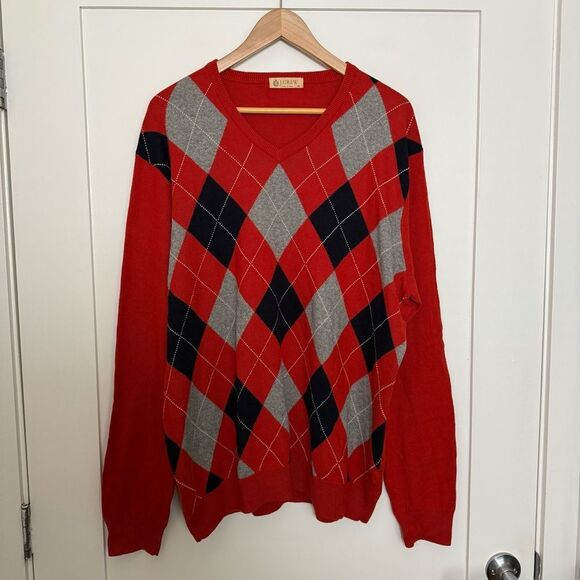 J Crew Sweater Mens Sz XL Red Argyle V Neck Long Sleeve Cotton Cashmere Preppy - Picture 1 of 12
